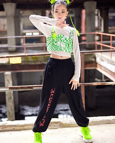 Kids Hip Hop Dance Costume Girls Group Dance Clothes Crop Tops Loose Pants  Long Sleeves Kpop Outfit Jazz Performance Wea size 120CM Color Vest-Tops- Pants 3pcs