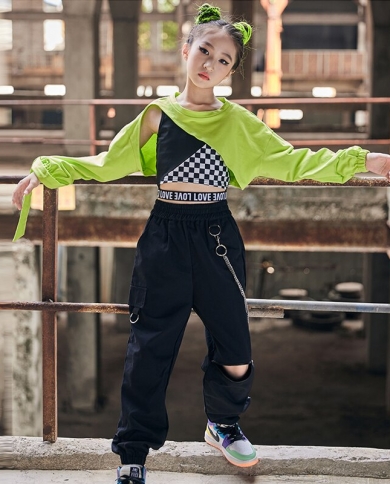 Hip Hop Girls Clothes Green Long Sleeves Tops Black Pants Jazz