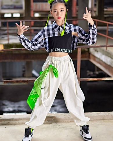 Teen Girls Hip Hop Clothes Lattice Crop Tops Vest White Sport Pants Modern  Street Dance Costume Kids Fashion Rave Outfit size 130cm Color Vest-Tops  2pcs
