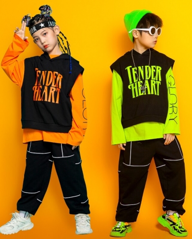 Hip Hop Dance Clothing For Kids Hoodies Sweatshirt Long Sleeves Loose Suit Cargo Pants Street Dance Costume Rave Outfit size 170cm Color 2pcs Tops