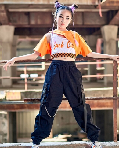 Fashion Girls Clothes Hip Hop Costume Loose Short Sleeves Tops Casual Black  Pants Concert Kpop Outfit Rave Street Wear B size 170cm Color Vest-Tops- Pants