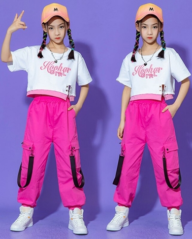 2022 Jazz Dance Costume For Girls Crop Tops Pants Pink Kpop Hip-Hop  Performance Outfits Kids Hip Hop Clothing Stage Wear BL9495