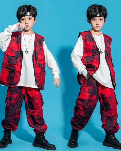 New Hip Hop Boys Jazz Dancing Clothes Red Suit Vest Cargo Pants