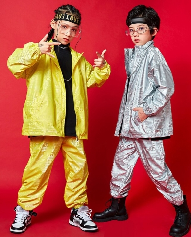 Kids Hip Hop Clothing Bright Silver Tops Pants Long Sleeve Hiphop