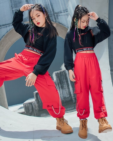 Kids Hip Hop Dance Clothes Black Sweatshirt Red Cargo Pants For