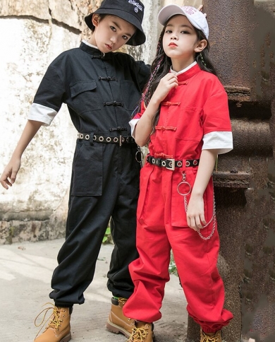 Kids Hip Hop Costume Boys Loose Jumpsuit Belt Short Sleeved Street