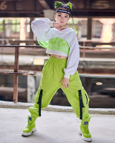Kids Hip Hop Clothes Girls Jazz Dance Costume Neon Green Crop Tops