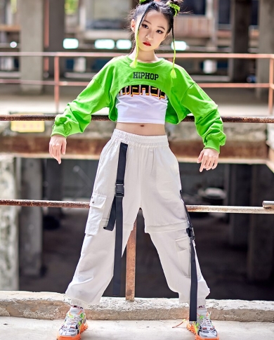 Teen Girls Hip Hop Dance Costume Green Crop Tops White Pants Modern Dance  Practice Clothes Concert Performance Outfit Bl size 170cm Color Tops