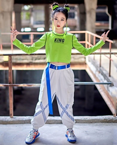 New Hip Hop Girls Dance Clothes Green Crop Tops Jazz Street Dance Cargo  Pants Children Modern Dancewear Concert Costume size 140cm Color Tops-Pants  2pcs