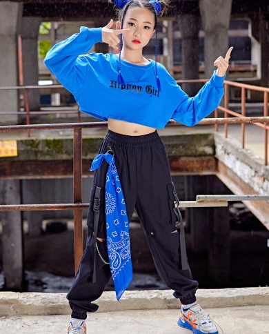 Fashion Kids Jazz Dance Costume Blue Crop Tops Cargo Pants Hip Hop Clothes For  Girls K Pop Concert Performance Outfit Bl size 170cm Color Tops-Pants 2pcs