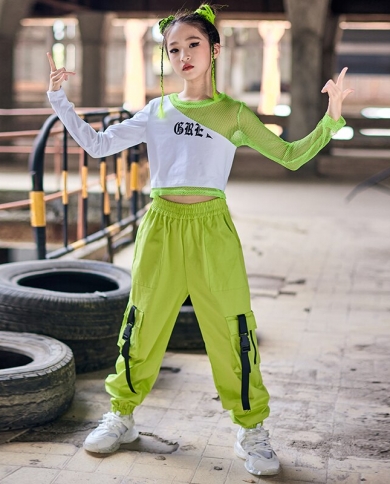Children Hip Hop Dance Clothes Girls Jazz Catwalk Costume Crop Tops Green  Cargo Pants Modern Street Dancing Stage Wear B size 140cm Color Tops