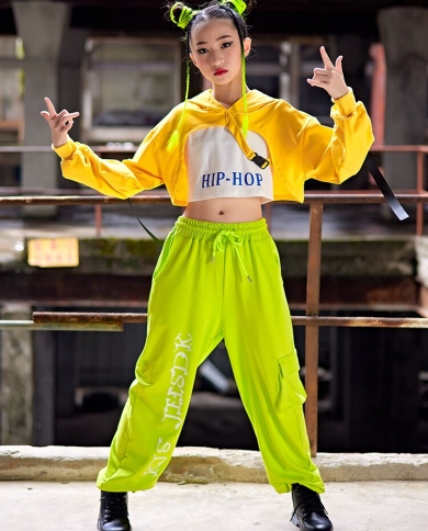 Kids Hip Hop Clothing Girls Hooded Crop Top Green Sweatpants Modern Dance Outfit Jazz Performance Wear Kpop Stage Costum size 170cm Color Vest Tops Pants 3pcs