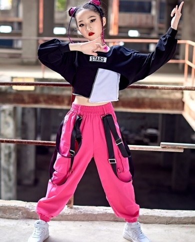 New Hip Hop Girls Dance Clothes Black Crop Tops Loose Pants Kids Catwalk  Concert Jazz Performance Outfit Fashion Costume size 160cm Color Vest-Tops- Pants 3pcs