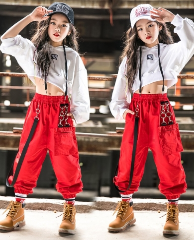 Kids Jazz Dance Costume Hip Hop Girls Clothes Crop Tops Cargo Pants Loose  Casual Concert Performance Stage Outfit B size 120CM Color Tops-Vest 2pcs