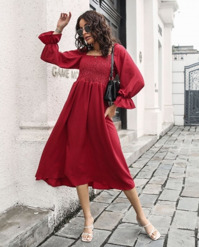 Elegant Autumn Flared Long Sleeve Ruched Midi Dress Square Neck Elastic  Chiffon Party Dress For Ladies In Offers Women size XL Color Apricot
