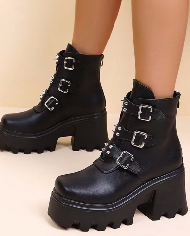 Spring Autumn Ankle Boots Women Platform Boots Rubber Sole Buckle Black Leather Pu High Heels Shoes Woman Comfortable B Shoe Size 36 Color Black Shoes