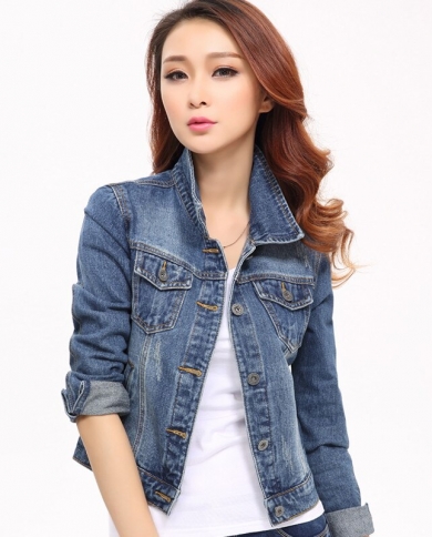 Denim Jackets Turn Down Collar Short Jean Jacket For Women Loose