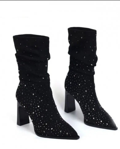 2023 Fall Fashion Womens Knee Boots Frosted Rhinestone Pleated High Heel Boots And Trend Party Boots