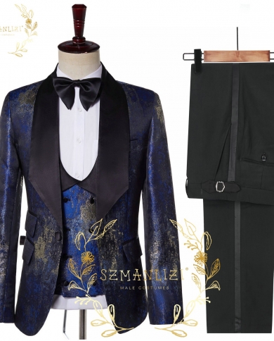 Men Suit Set 3 Piece 2023 Latest Coat Pant Design Blue Floral