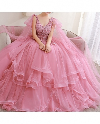 2023 Pink Princess Prom Dresses Sweetheart With Pink Lace Flower