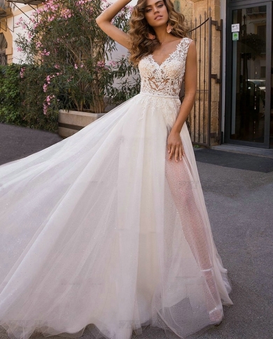 light green a line dress Classy A-Line V Neck Spaghetti Straps Side Split Lace Pleated Wedding – VOS  LEE main image 1