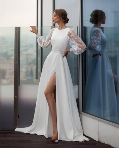 White Satin Lace O-Neck Button Back Sweep Train Long Sleeve Wedding Dress