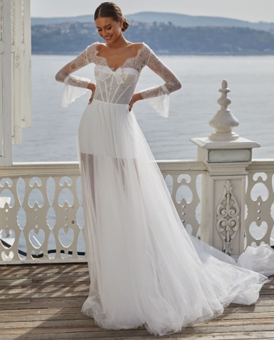 Boho White Lace Wedding Dress Graceful Beach See Through A Line
