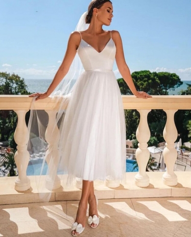 Simple White Short Wedding Dress V Neck Spaghetti With Pearls Backless Bridal Gown For Women Custom Made Vestidos De No Color White US Size 2