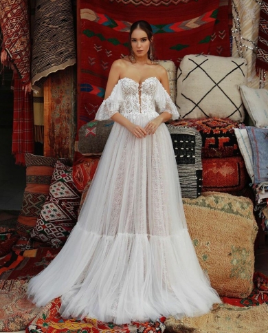 Charming Off Shoulder Boho Ballgown Wedding Dress With Retro