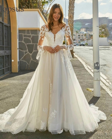 Luxury Wedding Dress Deep V Neck Lace Appliques Long Flare Sleeves