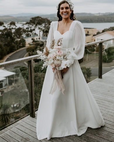 Ruched Sweetheart Boho Puffy Sleeves Backless Simple Wedding Dress