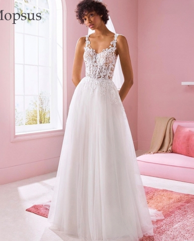 Boho Wedding Dress Appliques V Neck Spaghetti Straps Illusion Back Button  Tulle Bride Dress Robe De Mariee Vestidos De N Color White US Size 12