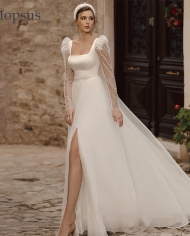 Princess Wedding Dress Square Collar Long Puff Sleeve With Pearls Backless  A Line Slit Tulle Bride Dress Robe De Mariee Color champagne US Size 12