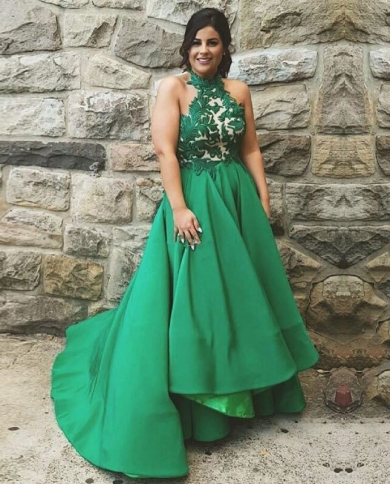 Emerald Green Prom Dresses High Neck Appliques Lace High Low Backless  Graduation Gown Formal Evening Party Dressesprom Color White US Size 14W