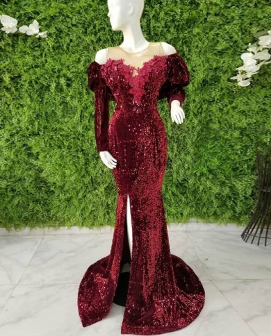 Aso Ebi Burgundy Sequins Evening Dress Plus Size Split Long Sleeves Arabic Formal Prom Dresses Robe De Soiree Custom Mad Color Gold US Size 18W