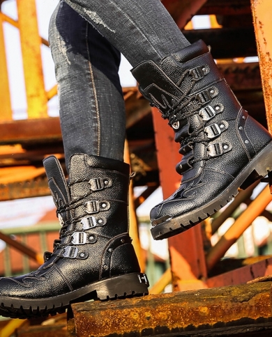 New Men Midcalf Motorcycle Boots Male Rivet Leather Martin Boots Punk Style Mens Tactical Army Boots Military Combat S Shoe Size 7 Color 603