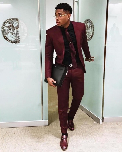 Burgundy suit 2025 jacket black pants
