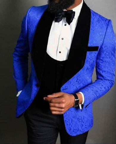 Tailor Made Jackquard Floral Pattern Royal Blue Black Men Suit Slim Fit Gioom Tuxedos 3 Pieces jacket vest pants Pro size XS Color same as picture2
