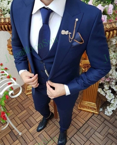 Mens Suits Peak Lapel 3 Pieces Business Tuxedos Groom Formal Suit