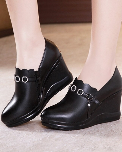 Deep Mouth Leather Shoe Black Platform Shoes High Heels Fashion