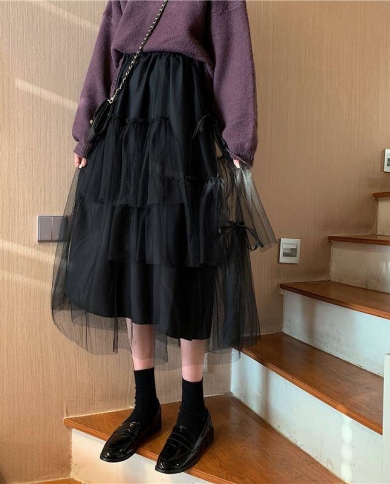 רטרו מסיבת מותן גבוהה חצאית טוטו kawaii לא סדירה טול נפוחה טול ארוך חצאית  שחורה בסגנון חצאית רשת מידי נשים חצאית מתוקה גודל S צֶבַע Black