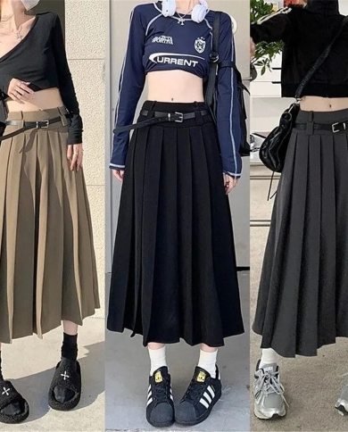 Vintage Autumn Long Pleated Skirt Women Autumn Low Rise Preppy Style Casual A Line Midi Skirt With Belt 90s Streetwear size S Color gray
