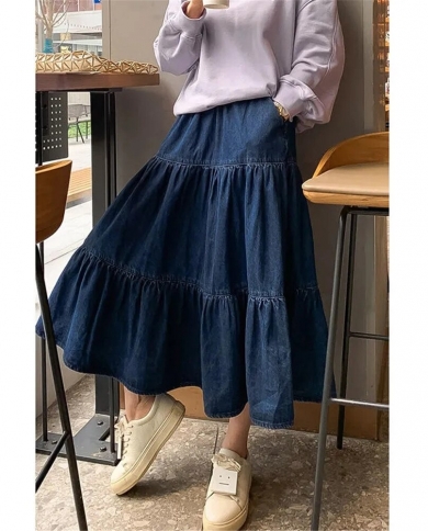 Women Plus Size 5xl Denim Skirt Maxi Long Jeans Skirts Girls Pleated Fashion Clothing Harajuku Mujer Faldas Blue Vintag size XL Color Blue