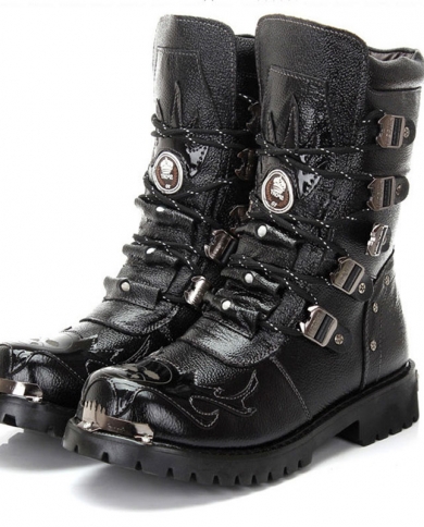 Men Military Boots Genuine Leather Metal Gothic Punk Shoes Knight Black Desert Combat Tactical Ankle Shoe Size 46 Color Black No Fur