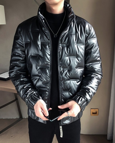 Shiny Mens Jacket Coats Winter Men Short Thick Cotton Coat Jacket Fashion Stand Collar Slim Clothes Winter Parka Coat Color Black size Asian size M