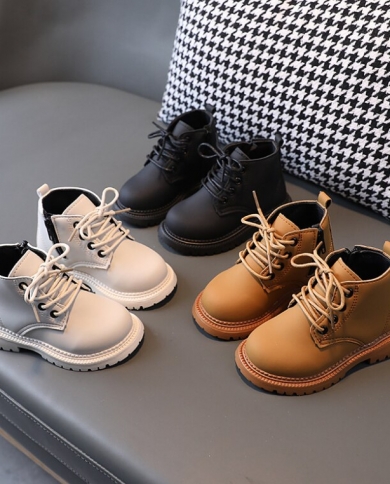 2023 New Kids Platform Boots Breathable Children Black Khaki White Lace Up Boot Side Zip Kids Boy Ankle Short Martin Boo Shoe Size 28 Color cotton