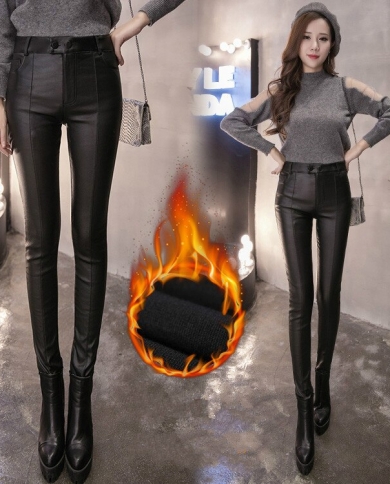 Women Thin Velvet Pu Leather Pants 2023 New Female Elastic Stretch