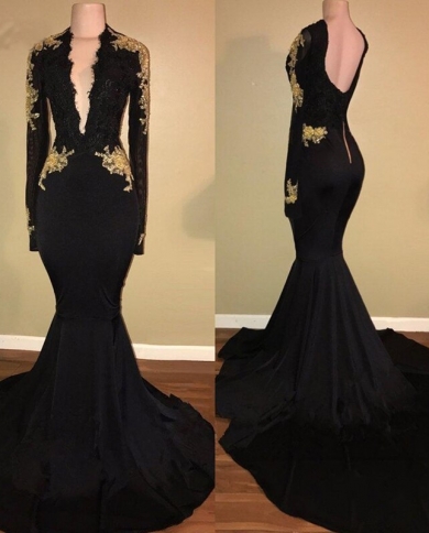 Robe De Soiree Gold Embroidery Black Evening Dresses Mermaid Long Sleeves V Neck Saudi Arabic Formal Prom Evening Gown Color Navy blue US Size 24W