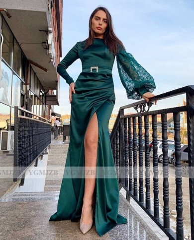 Emerald Green Long Sleeves Evening Dresses Lace High Slit Formal Dress  Women Elegant Plus Size Long Party Dress Prom Go Color Gold US Size 12