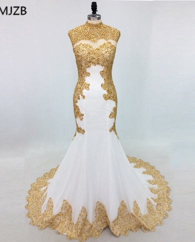 Elegant White Mermaid Evening Dresses Long High Neck Gold